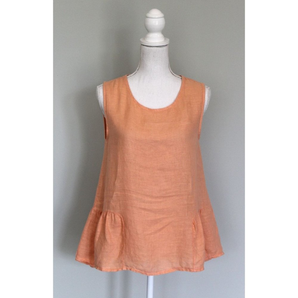 FRANCESCA BETTINI Italy Peach Linen Ruffled Tank Top, Size S Small